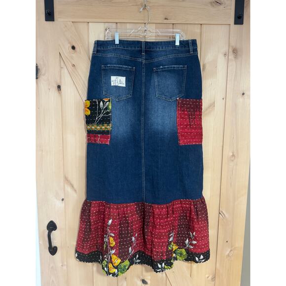 Upcycled Long Denim Skirt with Kantha Patches and Ruffle Hem | Size 16 - Picture 5 of 15